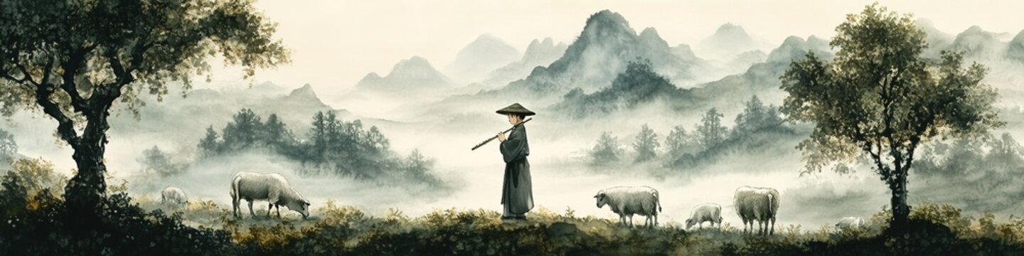  An abstract pastoral landscape depicting a serene summer countryside scene with a shepherd playing a flute, cows and sheep grazing leisurely, and rolling mountains in the distance. This AI-generated 