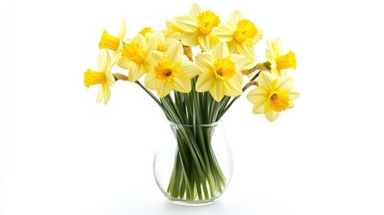 Classic daffodils in a simple glass vase, their yellow petals and green stems standing out on a white backdrop.