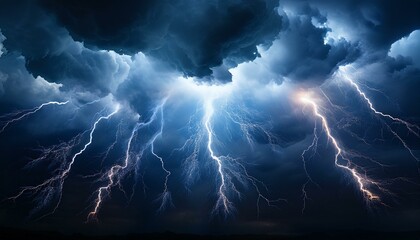 Thunder and lightning in the sky; dramatic weather in the sky with lightning bolts coming down from the dark clouds; weather photography; mother nature; thunder strike and crazy climate