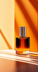 A stylish perfume bottle with sleek design sits against vibrant orange background, illuminated by soft shadows, creating warm and inviting atmosphere