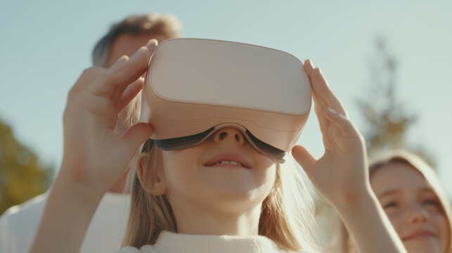 A young girl joyfully experiences virtual reality with headset, surrounded by family in sunny outdoor setting. excitement of technology brings smiles to their faces - Powered by Adobe
