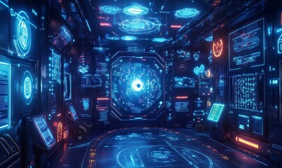 Fototapeta premium Futuristic control room with glowing displays.