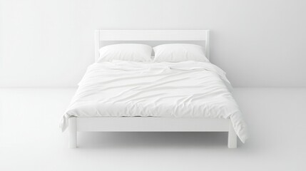 Obraz premium Comfortable single bed with a minimalist design, white sheets, and simple pillow setup on a bright white background.