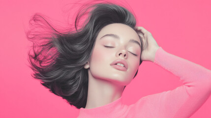 Fototapeta premium A woman with flowing hair poses gracefully against vibrant pink background, showcasing serene expression. Her soft features and stylish outfit create captivating visual