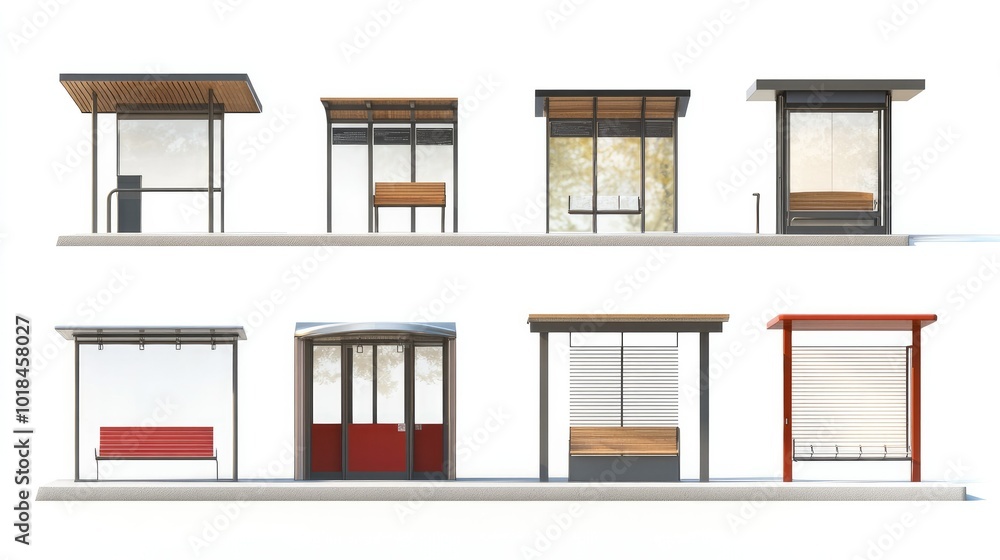 Poster different bus stop designs lined up in a grid format on a white background, illustrating diverse pub