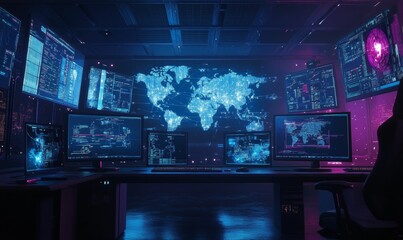 Fototapeta premium Cybersecurity workstation with glowing world map.