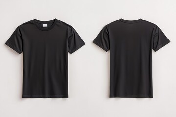 Black t-shirt front and back angles, wrinkle-free fabric, neutral studio setup, ideal for mock-up or print design display
