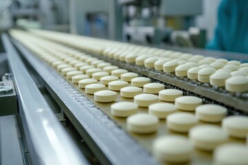 Obraz premium White Pills Moving Along a Conveyor Belt in a Pharmaceutical Factory