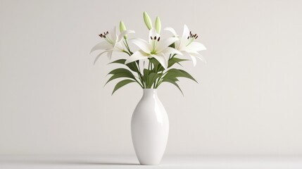 Elegant white lilies in a tall ceramic vase, showcasing their graceful petals against a clean white backdrop.