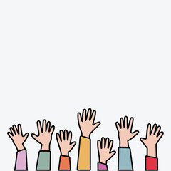 Set of people raised hands, open hands up of different types colors, diversity people multiethnic race and community concept, Teamwork, collaboration, voting, volunteering concert, protest.Flat style 