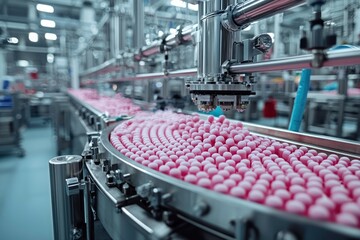 Fototapeta premium Automated Conveyor Belt System Filling Pink Containers