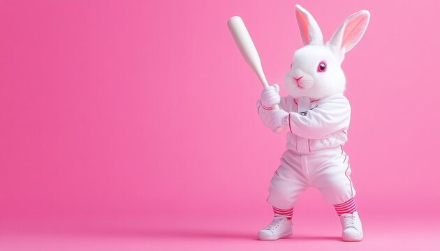 a white rabbit playing baseball , holding a bat on a pink background 

