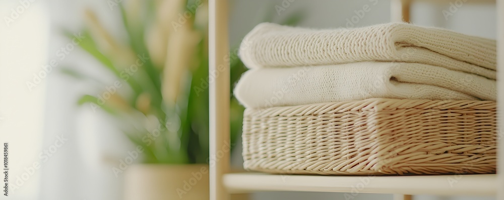 Poster organized closet with neatly folded clothes and storage boxes - decluttering process in a tidy room 