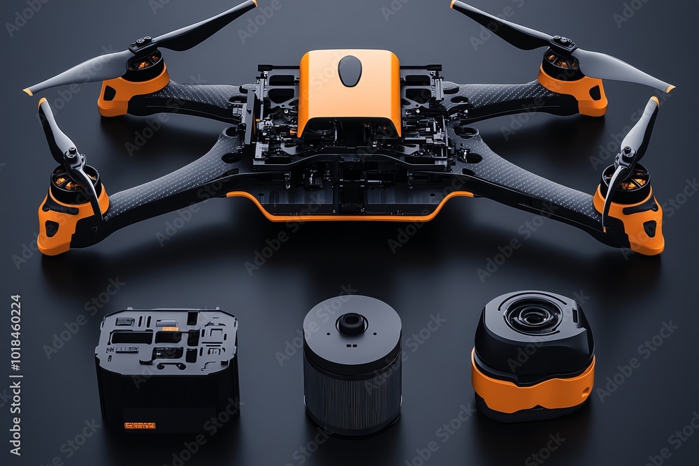 Poster 3D model of a disassembled drone, with each component digitally recreated for reverse engineering purposes, showcasing the precision of the process