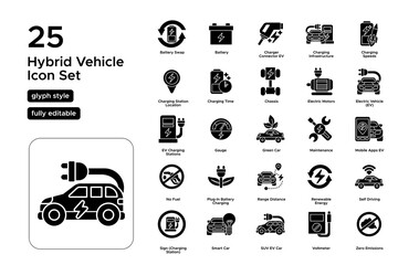Hybrid Vehicle Glyph Icon Set: Dual-Power Systems, Fuel Efficiency, and Eco-Friendly Technology Icons
