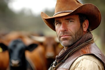 Cowboy with a leather vest and brown cowboy hat