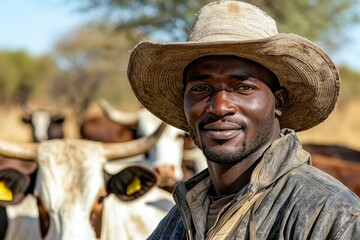 Fototapeta premium A Portrait of a Man in a Worn Cowboy Hat with Cattle in the Background
