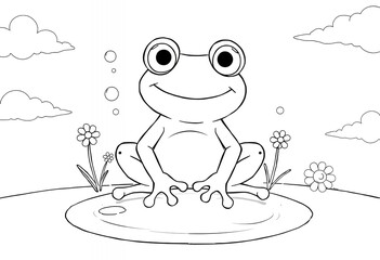Obraz premium Cute Cartoon Frog Sitting by Pond Coloring Page Illustration