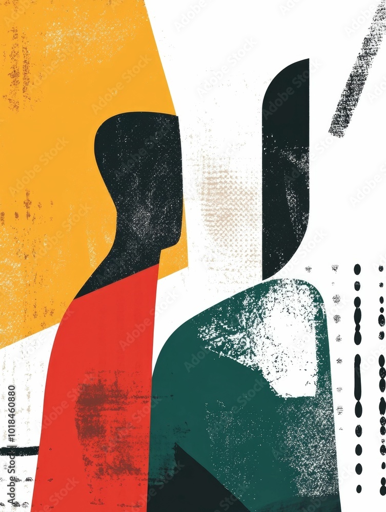 Poster vibrant figurative poster featuring abstract human forms blended with bold geometric patterns and mi