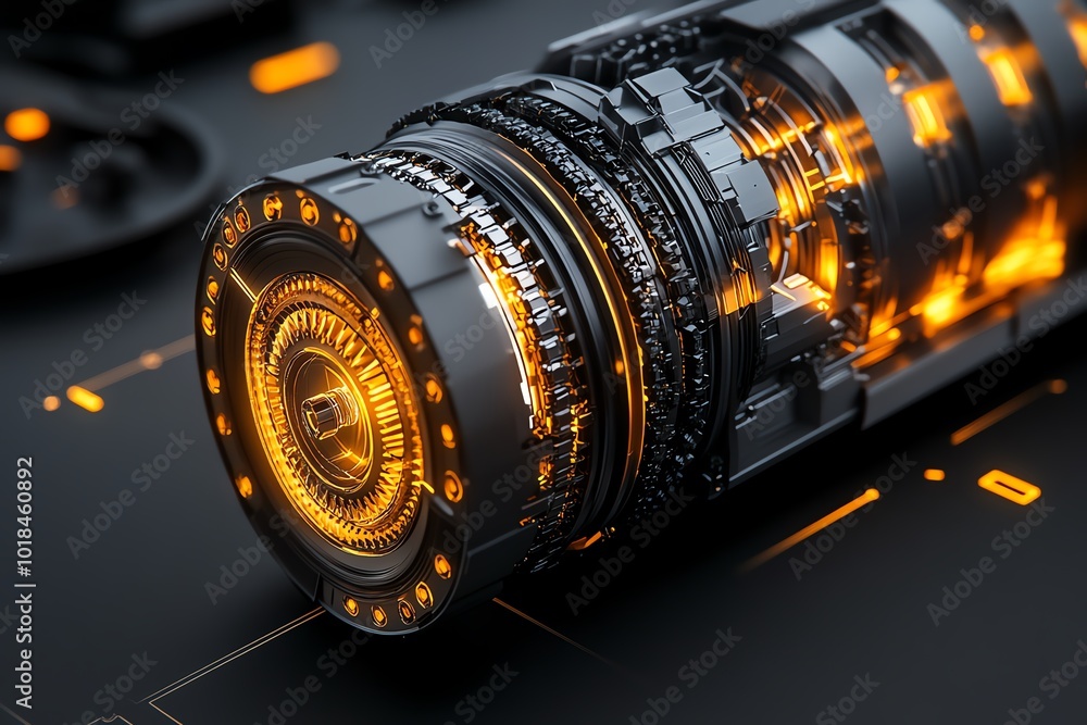 Poster 3D-rendered depiction of reverse engineering a complex mechanical part, with detailed textures and lighting highlighting the digital recreation process