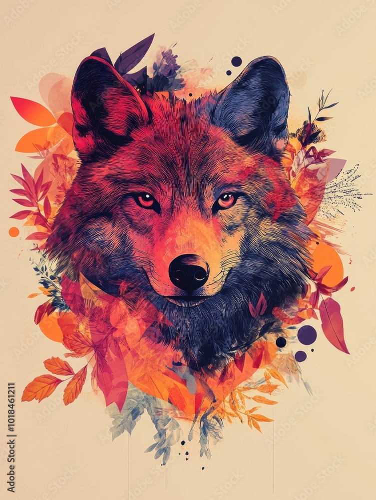 Poster surreal and captivating fox portrait with floating abstract shapes dreamlike features and vibrant po