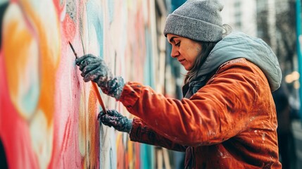 Woman in a grey beanie paints a colorful wall.