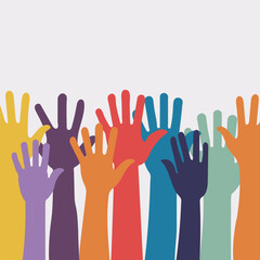 Set of people raised hands, open hands up of different types colors, diversity people multiethnic race and community concept, Teamwork, collaboration, voting, volunteering concert, protest.Flat style 