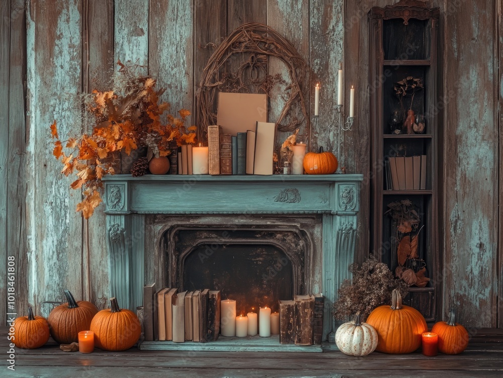 Wall mural Cozy mantelpiece decorated with books pumpkins and candles near a wooden wall