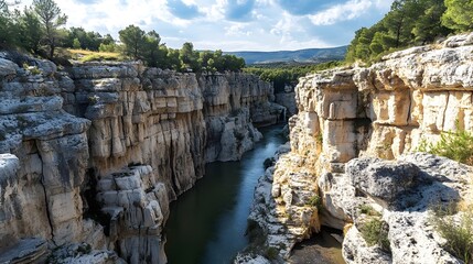 Majestic canyon carved by a river s ageless flow showcasing the sculpting power of water on the rugged layered landscape over millennia  The erosion process has created a breathtaking natural wonder