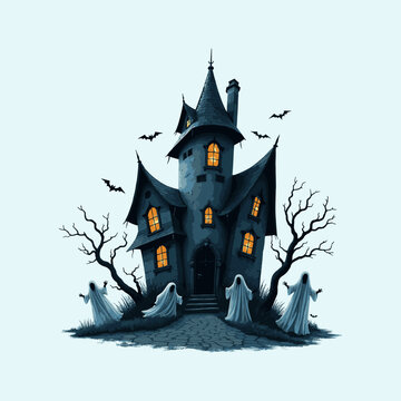 recommend clip art: Halloween haunted house T-shirt Design, Hand drawn artistic illustration on a clean white background, Icon Concept isolated. High-quality vector artwork, ideal for spooky t-shirt prints.