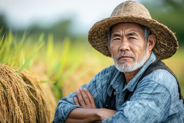 Fototapeta premium Elderly Asian Farmer with Straw Hat in Rice Paddy Field