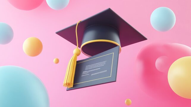 3D graduation cap and diploma cartoon style with bubble background AI generated image