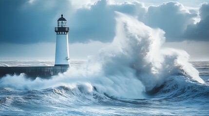 Dramatic Seascape of Powerful Ocean Waves Crashing Against Lighthouse During Stormy Weather Showcasing the Unstoppable Force of Water and the Resilience of the Coastal Beacon