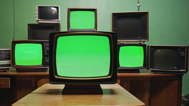 Ten Old TVs turning on Green Screens, Stacked Vintage Tvs Turning On Green Screens, live retro television with green screen display, Retro television turning taken zoomout shot, green screen