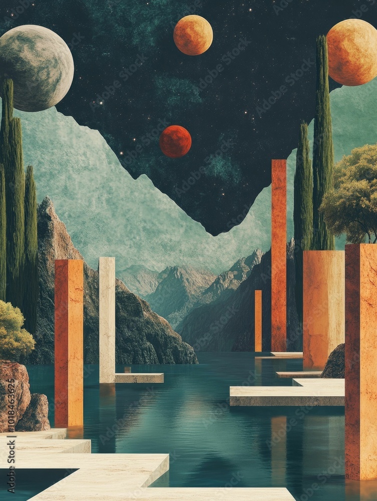 Poster surreal and dreamlike landscape featuring floating geometric structures bold symbolic elements and a