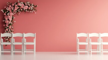 Elegant wedding setup with white chairs and a floral arch against a soft pink wall, perfect for celebrations and events