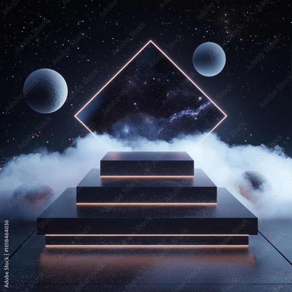 Poster 3d geometric podium with sharp edges and cosmic background