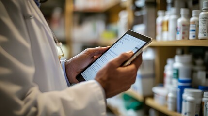A pharmacist using a tablet to manage medications while surrounded by shelves of various pharmaceutical products in a pharmacy.