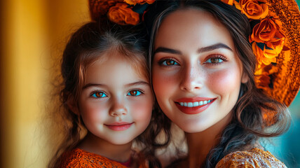 Obraz premium Portrait mum and daughter with Catrina make up look at camera, on yellow background.