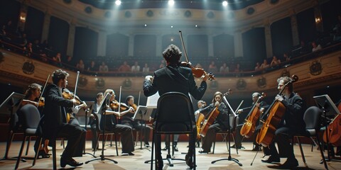 Fototapeta premium Symphonic Unity Musicians Preparing for a Grand Performance, Orchestral Harmony A Glimpse into Symphony Rehearsals 