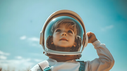 Boy wearing space helmet portarit, child wear astronaut uniform