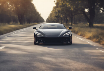 Fototapeta premium Beautiful car close-up on empty road. Trip, speed, new car, travel, distance, petrol, fuel