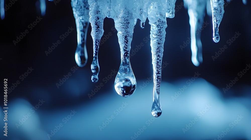 Poster captivating slow motion capture of a water drop falling from the tip of an icicle symbolizing the tr