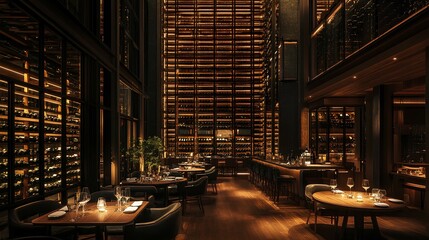 A dimly lit restaurant with elegant wooden decor and a wine display, creating a cozy and inviting atmosphere for diners.