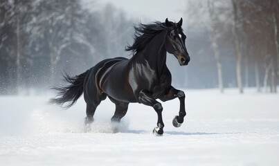 Black horse runs through snowy field.