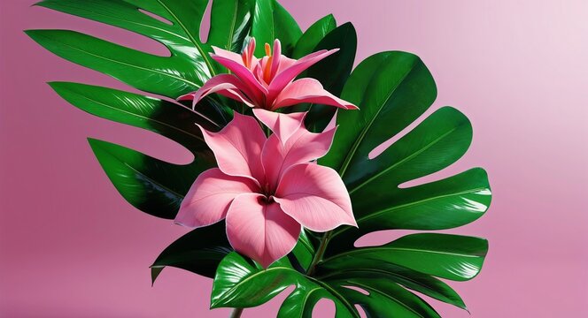 Bright tropical leaf and pink azalea flower clipart for designs 