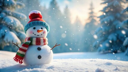 Fototapeta premium Happy snowman surrounded by falling snowflakes, Christmas, card, happy, snowman, falling, snow, holiday, festive, winter, cute, joy