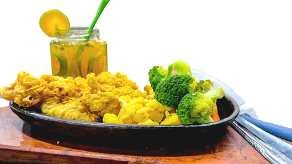 Fried chicken with broccoli set with fresh drink isolated on white background