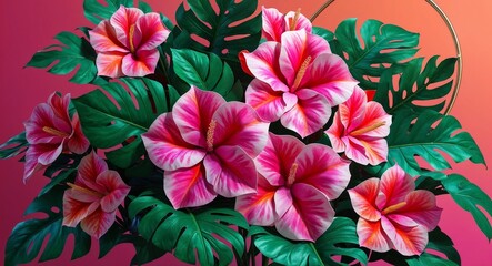 Floral arrangement of tropical leaves and azaleas  pink watercolor design 