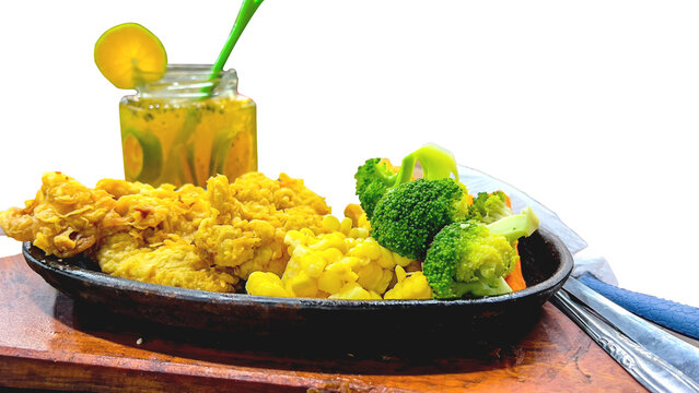 Fried chicken with broccoli set with fresh drink isolated on white background